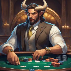 A Taurus man sits confidently at a poker table, surrounded by luxury. His steady gaze and composed demeanor reveal his strategic nature