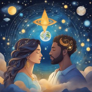an image of a starry and planetary background with an aquarius woman and taurus man