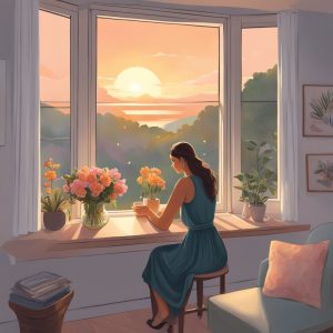 A Taurus woman sits in a cozy room, tears glistening in her eyes as she gazes out the window at a beautiful sunset. A vase of freshly-cut flowers sits on the table, their sweet scent filling the air