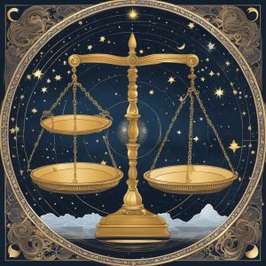 A scale balanced between a bull and a pair of scales, surrounded by celestial symbols and constellations