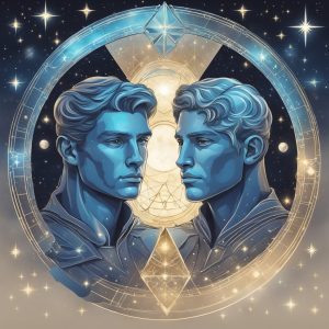 an image of gemini men with an astrological background of stars and symbols