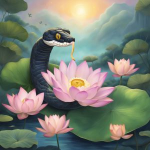 an image of a snake in a lily pond dream like scene