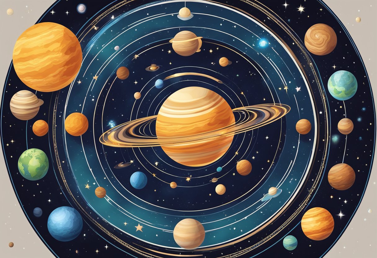 A cosmic scene with planets orbiting around a central point, each planet representing a different astrological sign and its associated meaning