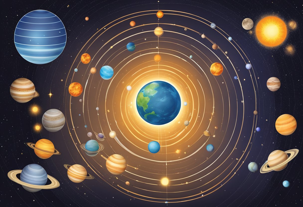 A solar system with planets orbiting around a central star. Each planet is distinct in size, color, and features, representing the diversity of astrological meanings