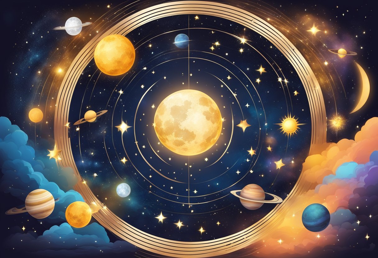 A celestial scene with the sun and moon planets in the night sky, surrounded by stars and cosmic energy