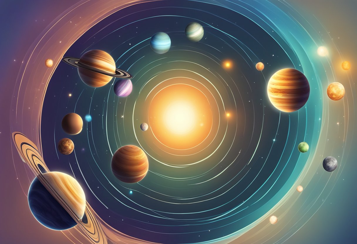 A group of planets orbiting in space, each with distinct colors and sizes, radiating energy and influence