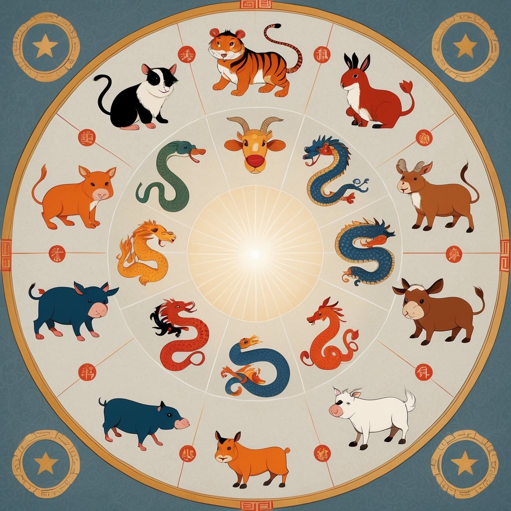 A circular arrangement of the twelve Chinese zodiac animals surrounding a glowing center on a patterned background.
