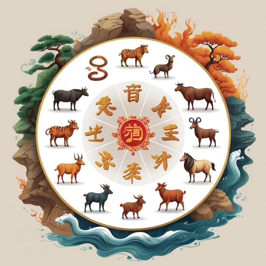 A circular arrangement of the 12 Chinese Zodiac animals surrounded by natural elements representing Wood, Fire, Earth, Metal, and Water.