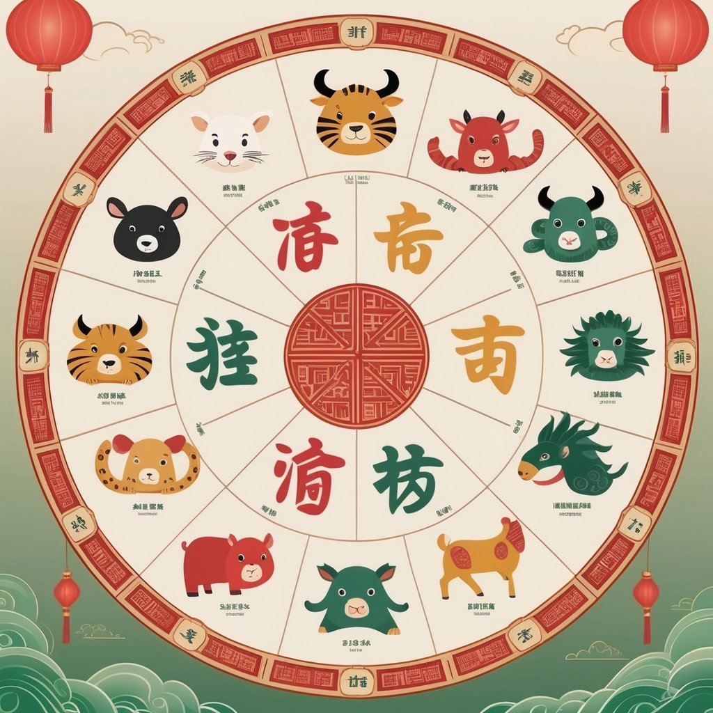 A circular arrangement of twelve detailed Chinese Zodiac animals, each in its own segment, surrounded by traditional Chinese decorative patterns.