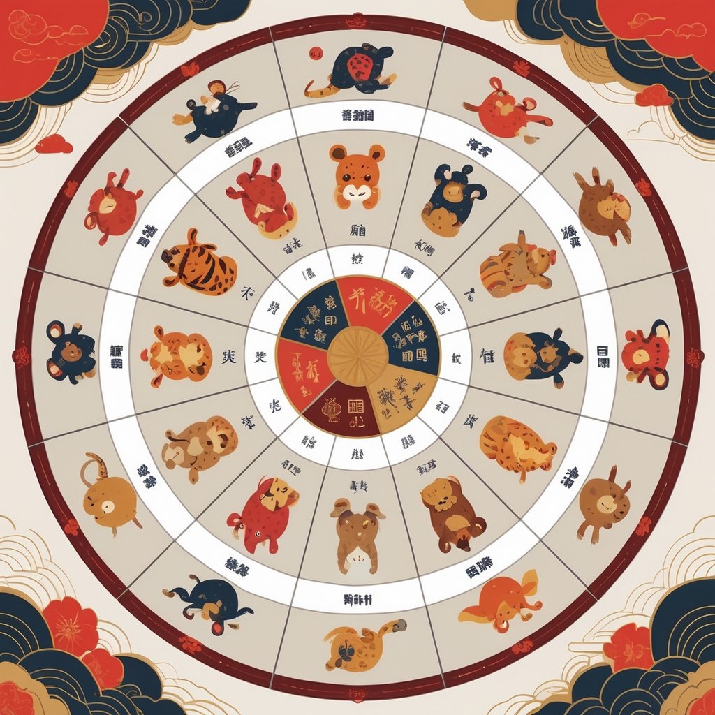 A circular arrangement of the twelve Chinese Zodiac animals representing each month of the year, with traditional Chinese decorative patterns in the background.