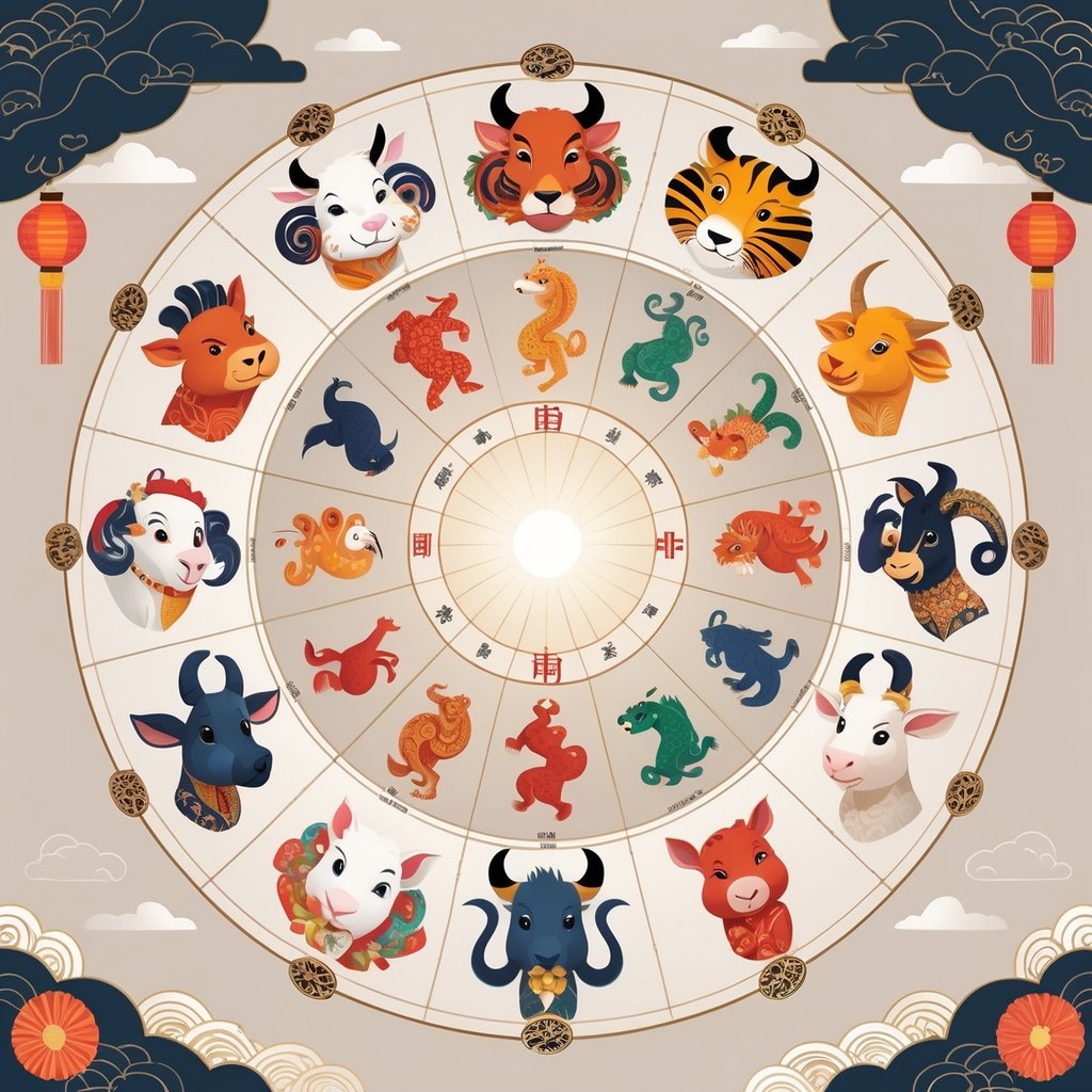 A circular arrangement of the 12 Chinese zodiac animals surrounding a traditional calendar symbol, with decorative Chinese patterns in the background.
