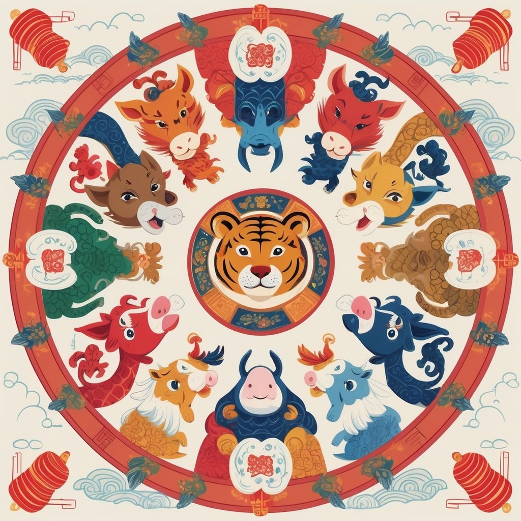 A circle of twelve Chinese Zodiac animals, each uniquely illustrated, arranged together with traditional Chinese decorative patterns in the background.