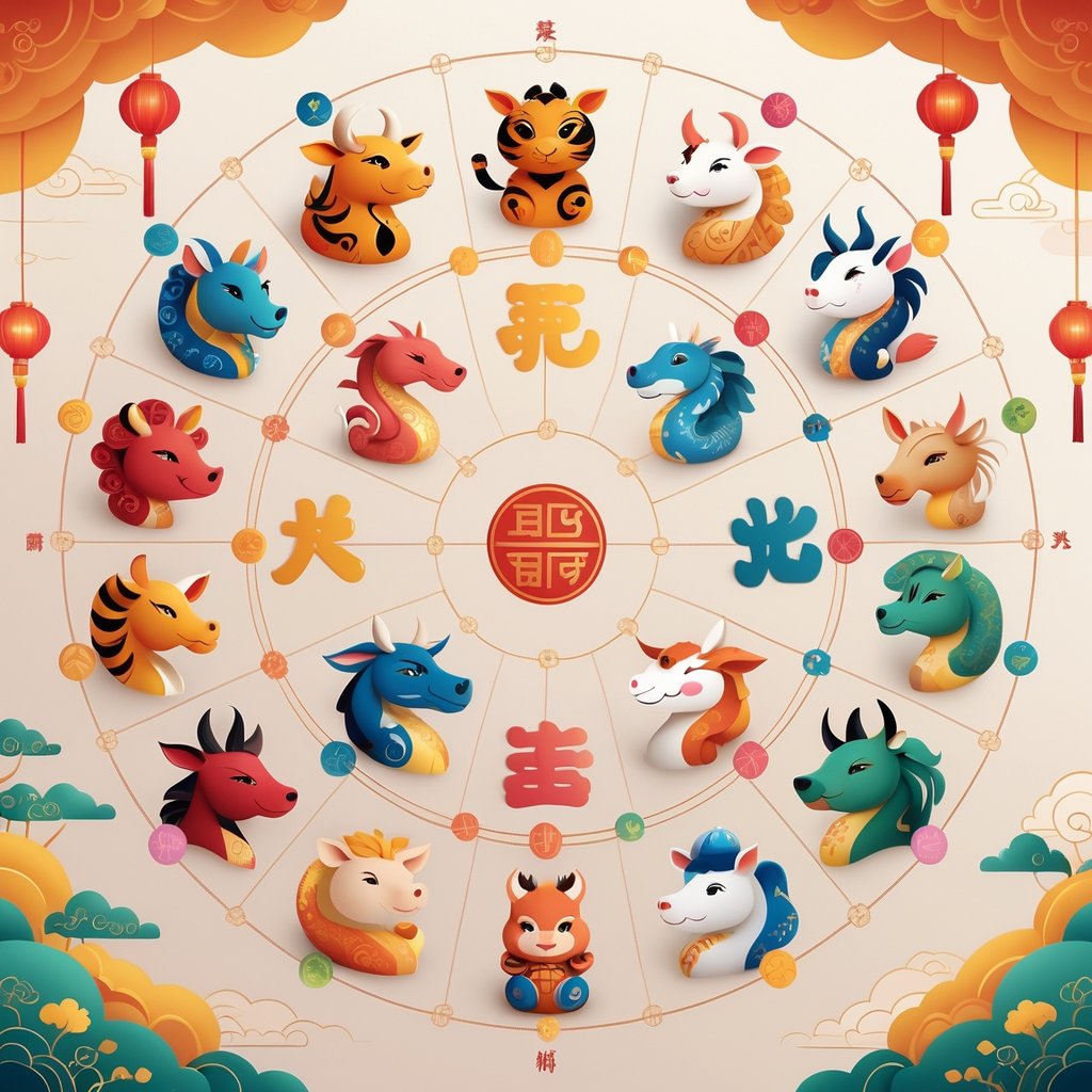A circular arrangement of the twelve Chinese Zodiac animals with glowing lines connecting compatible pairs, set against a soft background with traditional Chinese decorative patterns.