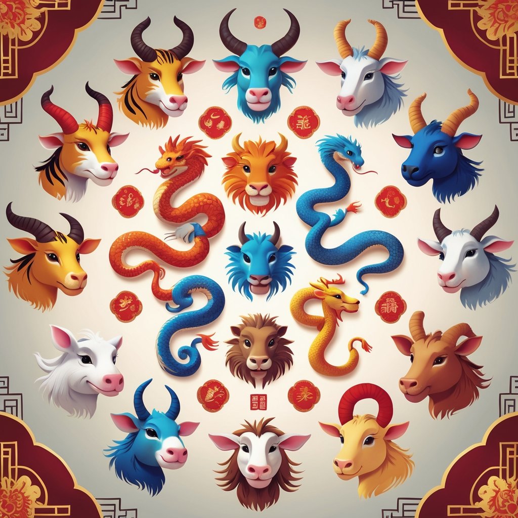 A circular arrangement of the twelve Chinese Zodiac animals depicted as lifelike animals with detailed features and vibrant colors.